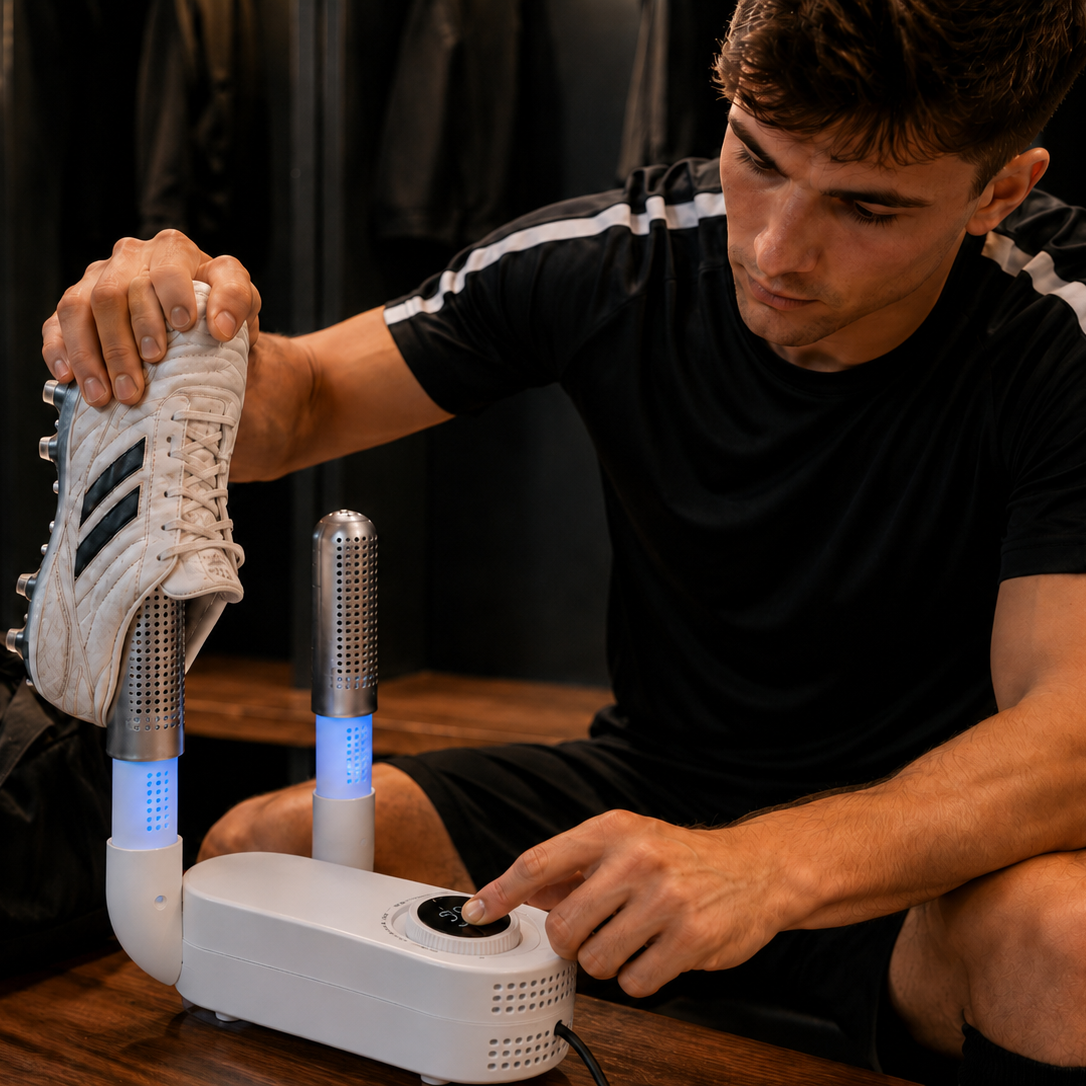 Athlete placing a soccer cleat over a shoe dryer tube