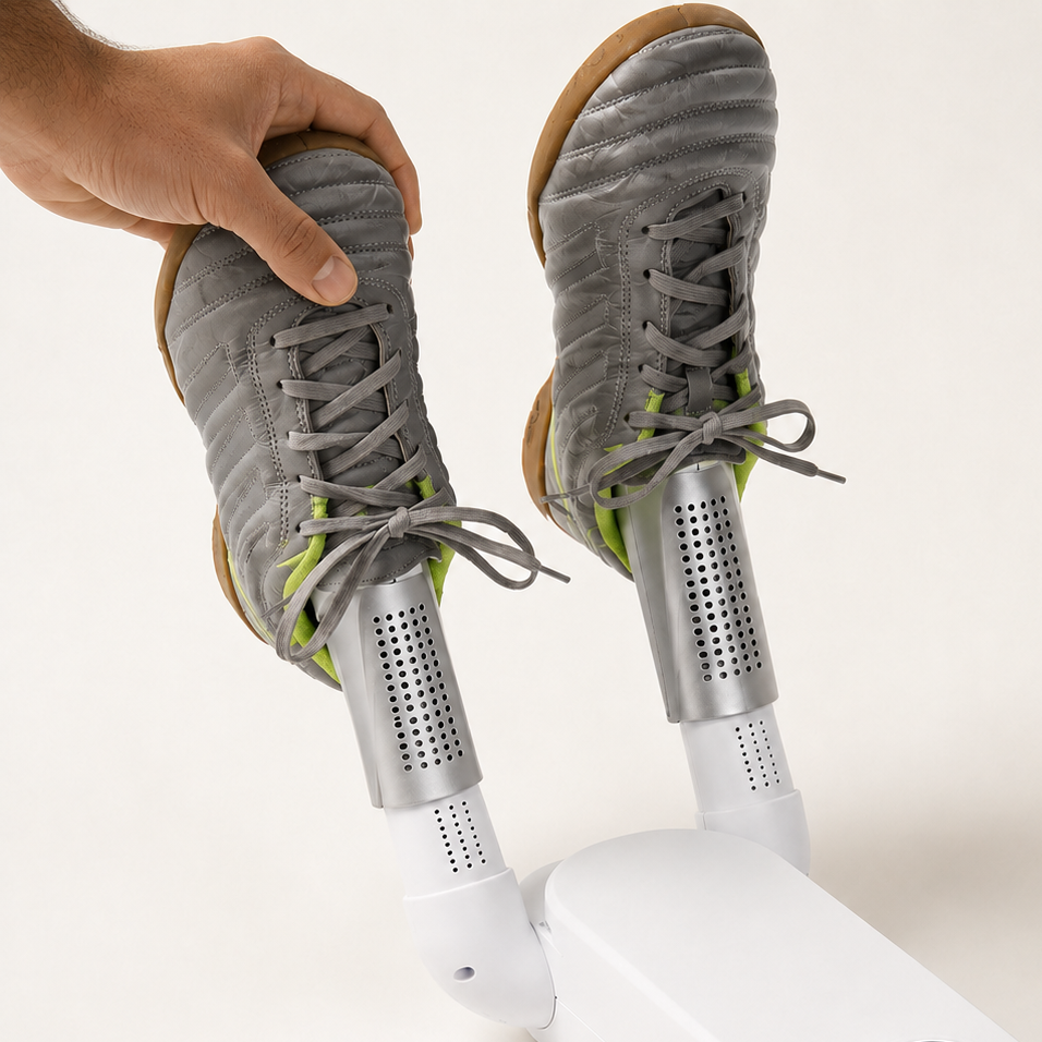 Warm-air dryer tubes placed inside a pair of shoes