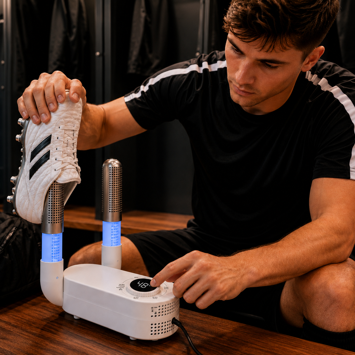 Athlete using a warm-air dryer with soccer cleats